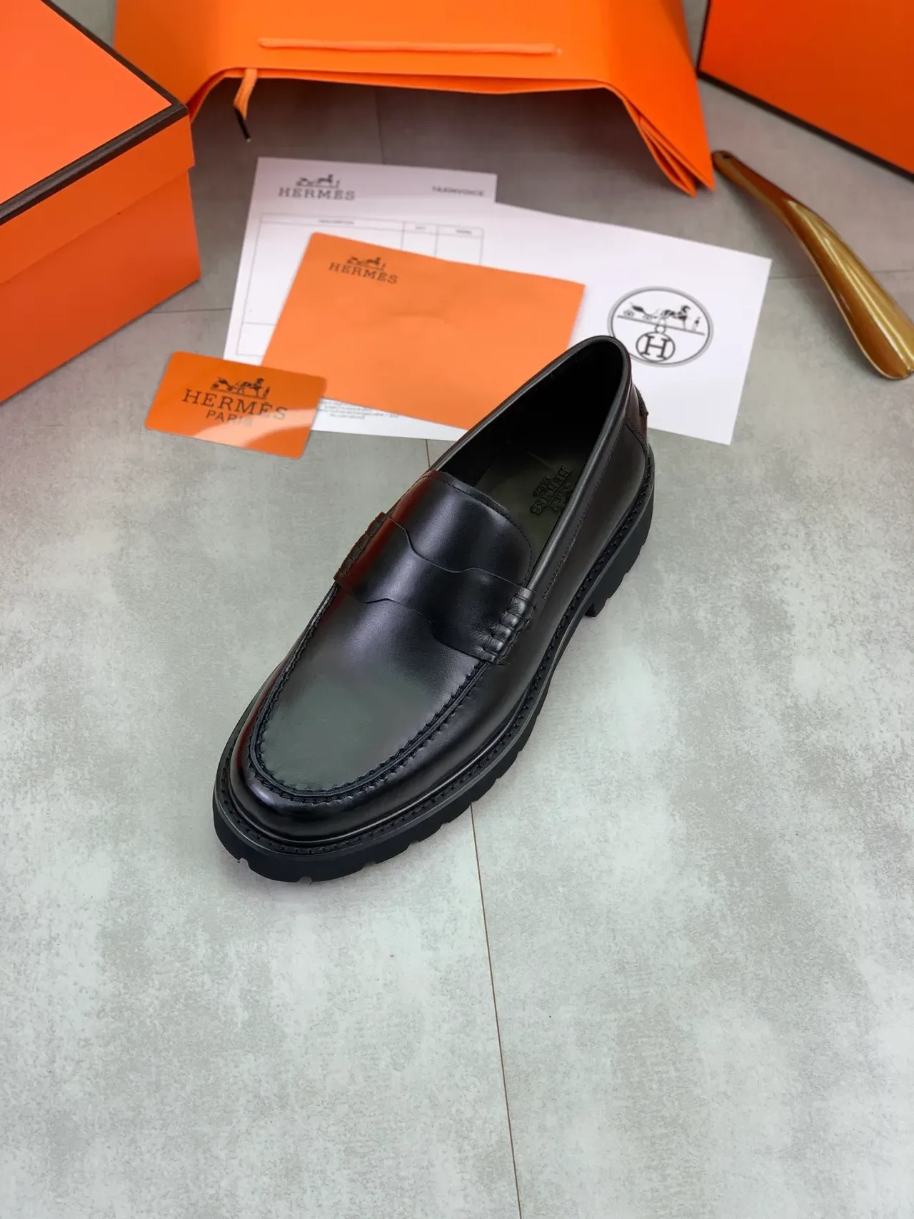 Hermès Penny Loafer Black Polished Leather Chunky Lug Sole Loafers 4
