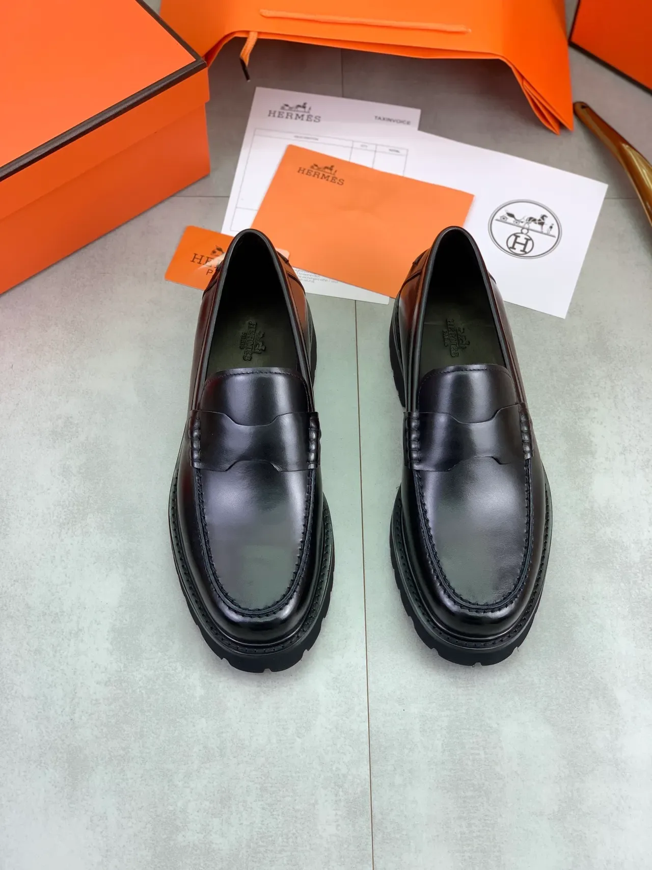 Hermès Penny Loafer Black Polished Leather Chunky Lug Sole Loafers 5