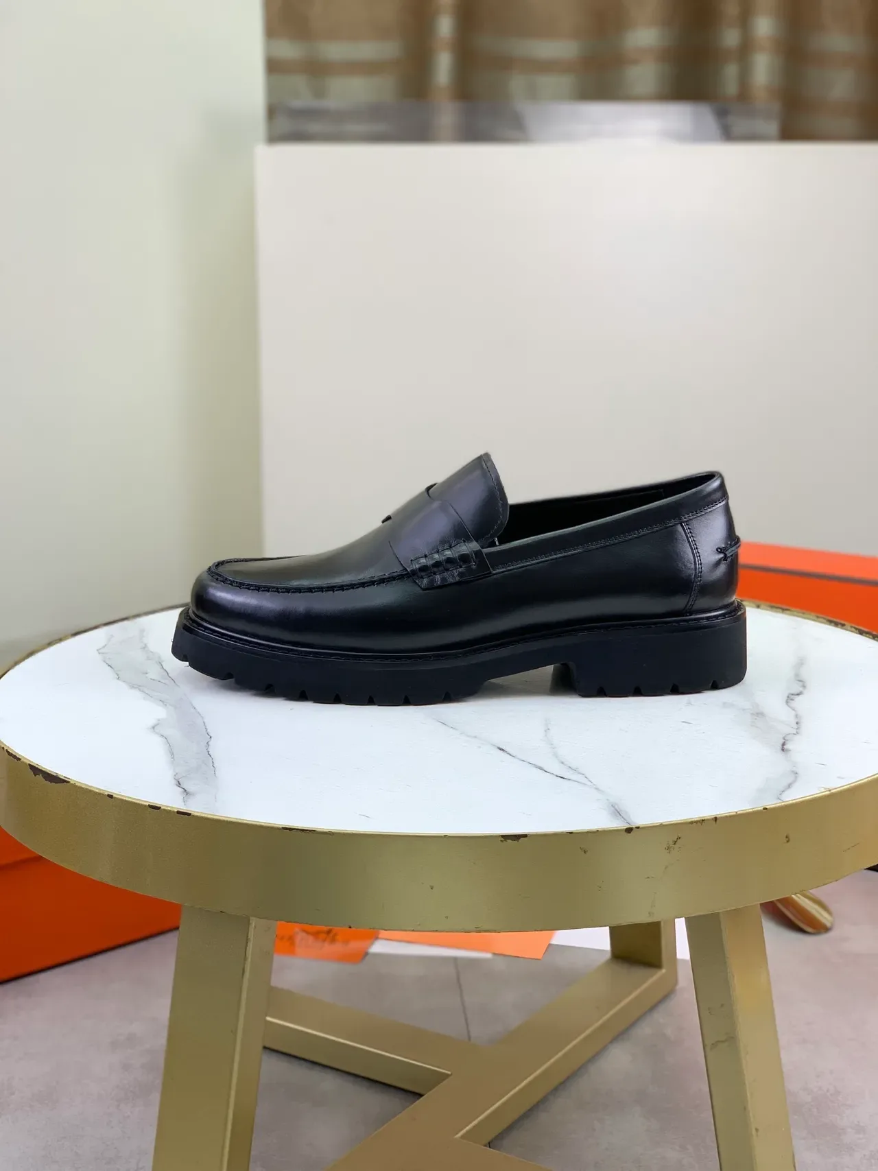 Hermès Penny Loafer Black Polished Leather Chunky Lug Sole Loafers 6