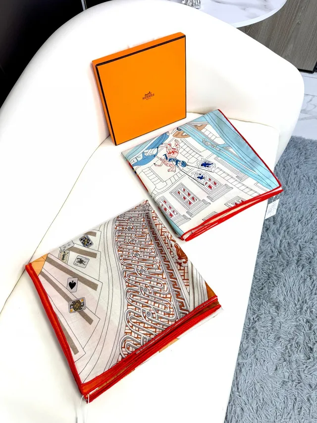 Hermès Printed Architectural and Playing Card Motif Silk Scarf 5