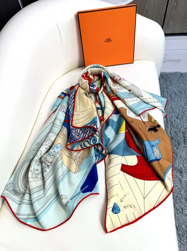 Hermès Printed Architectural and Playing Card Motif Silk Scarf 7