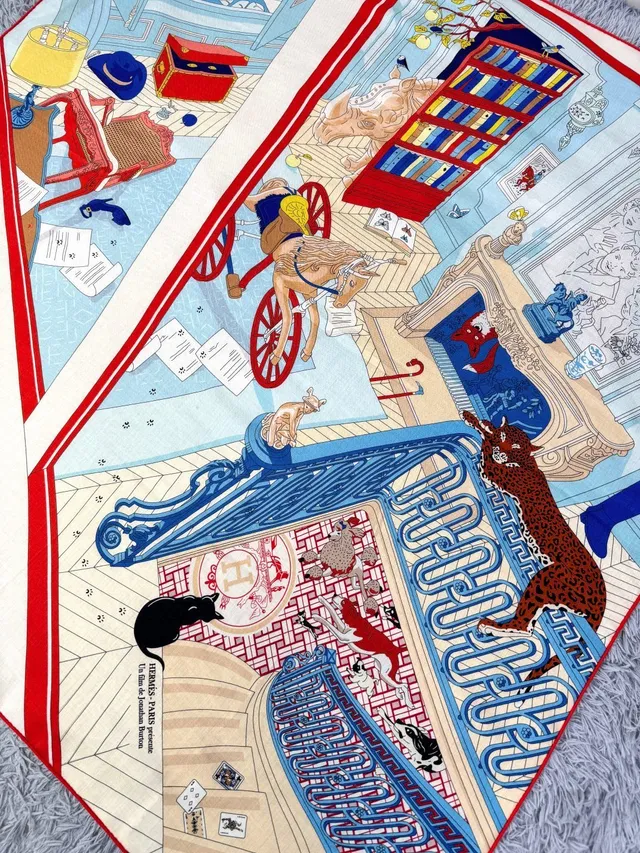 Hermès Printed Architectural and Playing Card Motif Silk Scarf 8