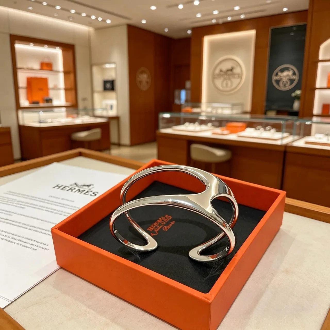 Hermès রূপালী চকচকে বিকৃত খোদাই কব্জির চুড়ি 9