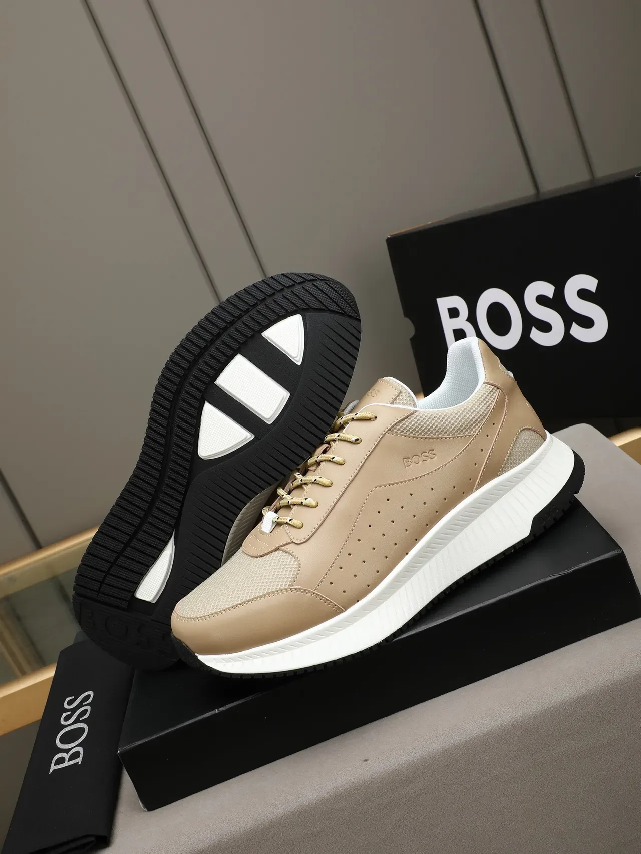 Hugo Boss Beige Perforated Leather Mesh Lifestyle Sneaker 4