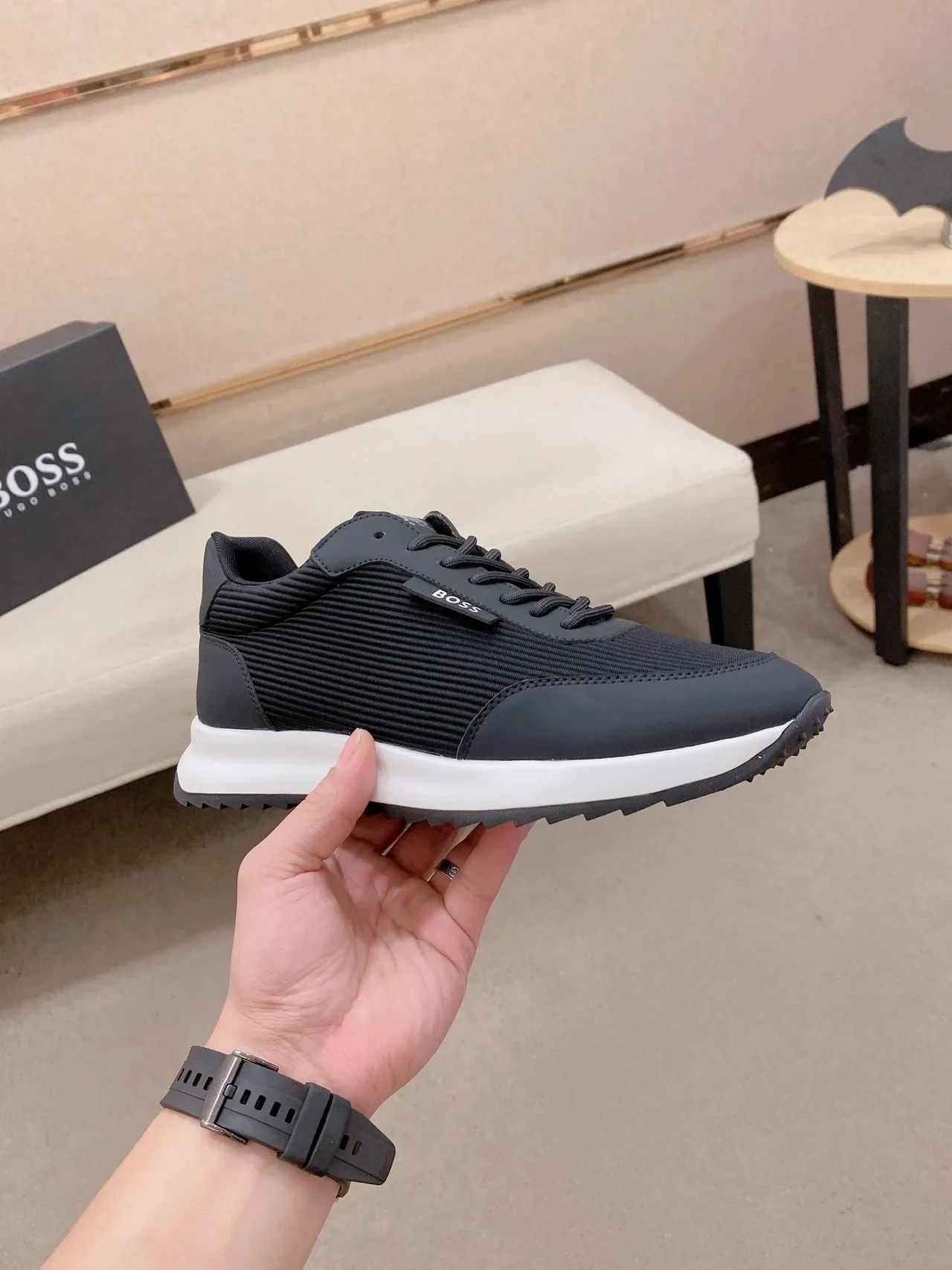 Hugo Boss Black White Ribbed Textile Upper Contrasting Midsole Lifestyle Sneakers 5