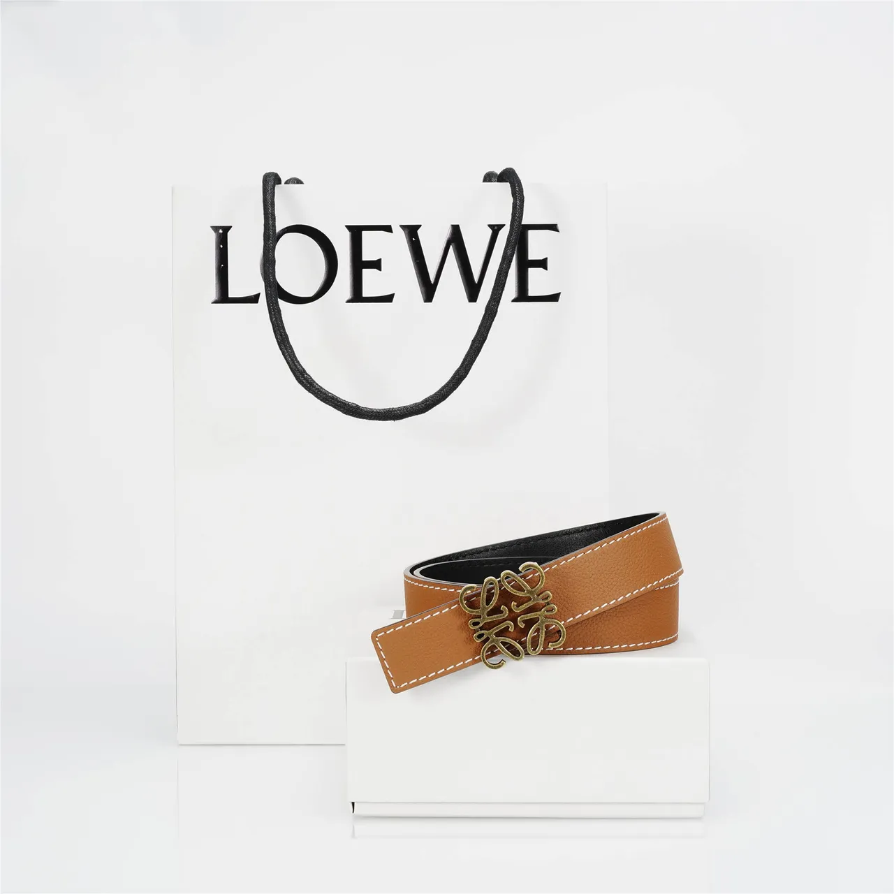Loewe Anagram Brown White Pebbled Contrast Stitching Leather Belt 4