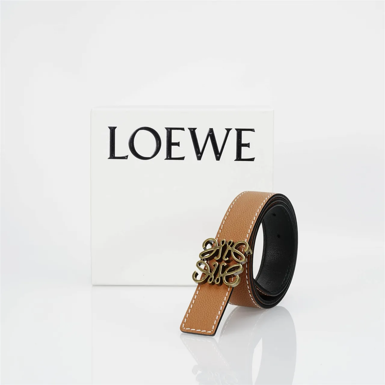 Loewe Anagram Brown White Pebbled Contrast Stitching Leather Belt 5