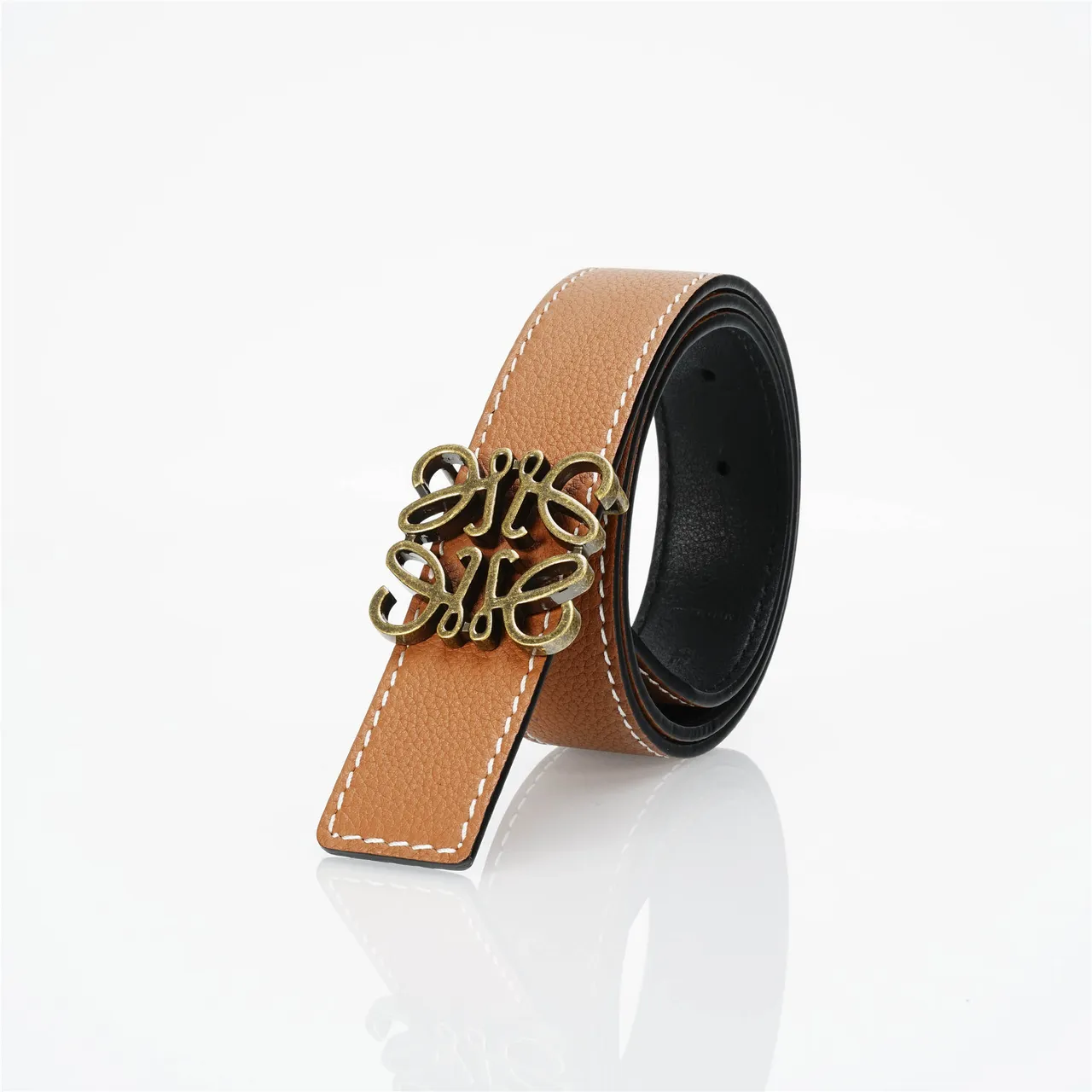 Loewe Anagram Brown White Pebbled Contrast Stitching Leather Belt 6