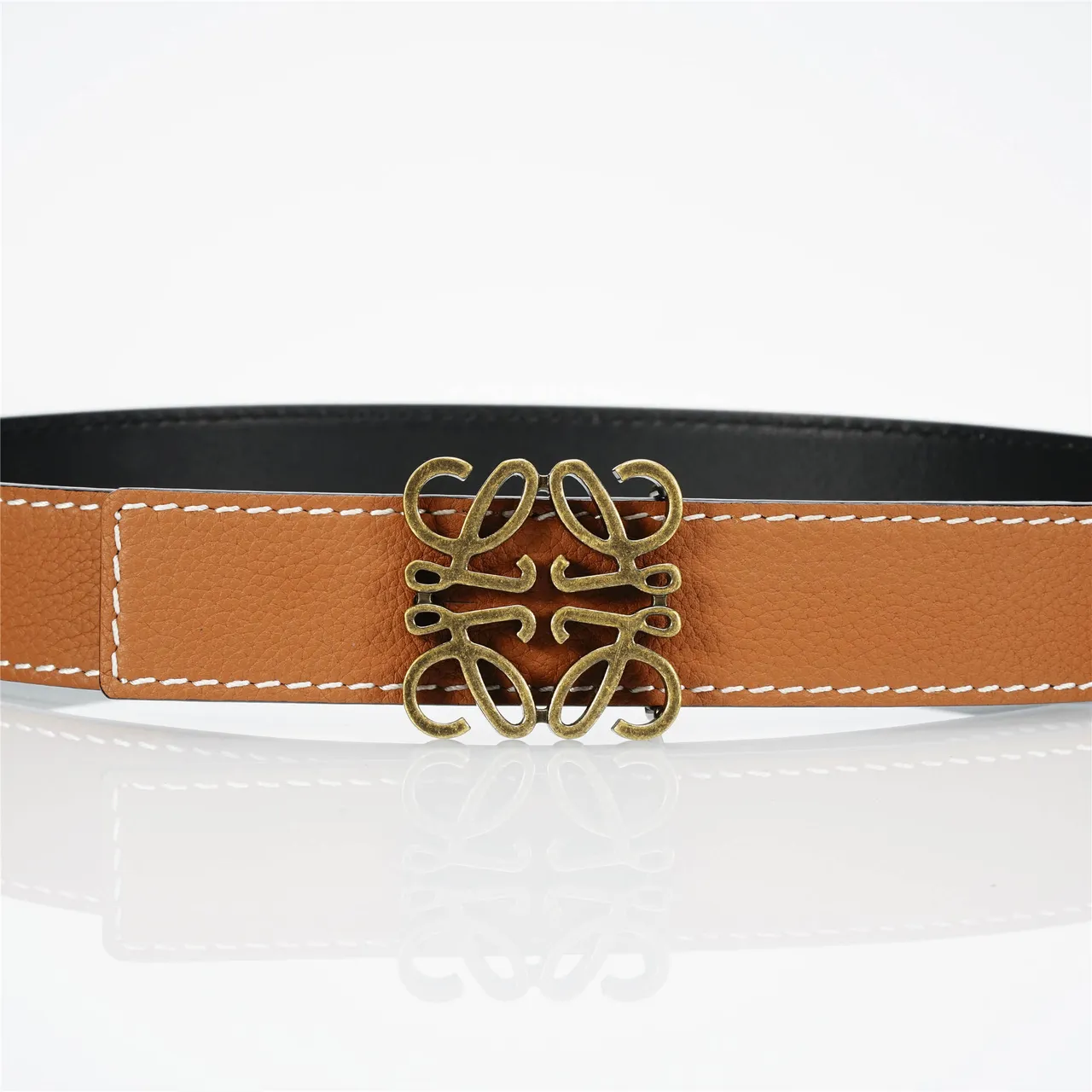 Loewe Anagram Brown White Pebbled Contrast Stitching Leather Belt 8