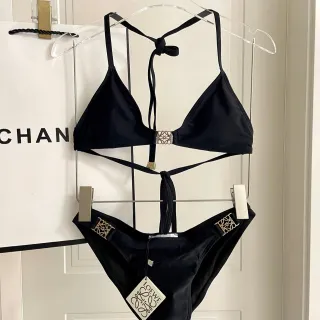 Loewe Anagram Hardware Black Gold Halter Triangle Top Side-Tie Straps Swimwear