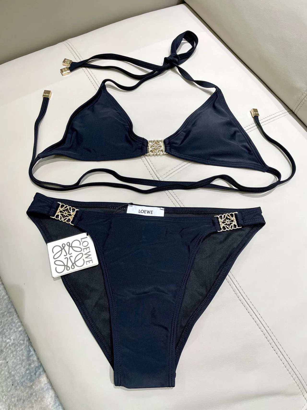 Loeve Anagram Hardware Noir Or Halter Triangle Haut Attaches Latérales Maillot de bain 2