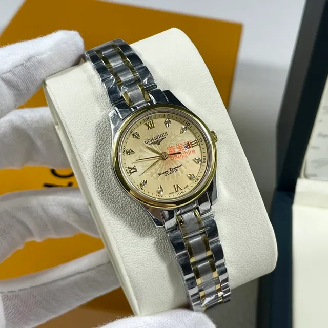 Longines स्वर्ण चांदी दो टोन स्टेनलेस स्टील हीरे घंटे मार्कर क्वार्ट्ज घड़ी 6