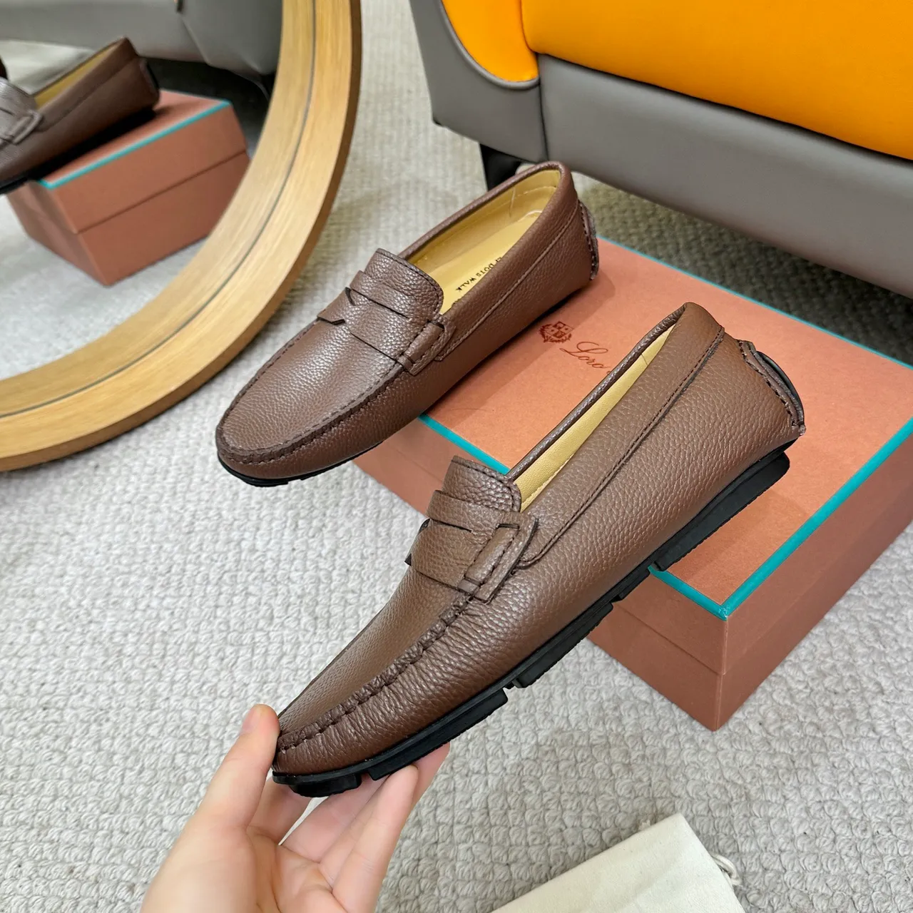 Loro Piana LP DOTS WALK Brown Pebbled Leather Penny Loafer 5