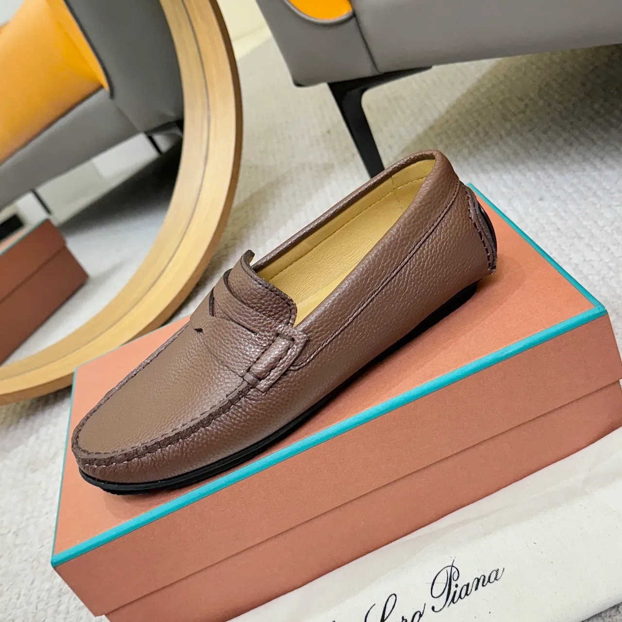 Loro Piana LP DOTS WALK Brown Pebbled Leather Penny Loafer 6
