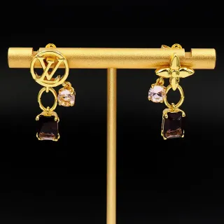 Louis Vuitton Brincos Assimétricos de Tonalidade Dourada com Gemas Pendentes