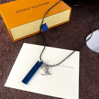 Louis Vuitton Colar Corrente de Bolas Preto Azul com Duas Pendentifs