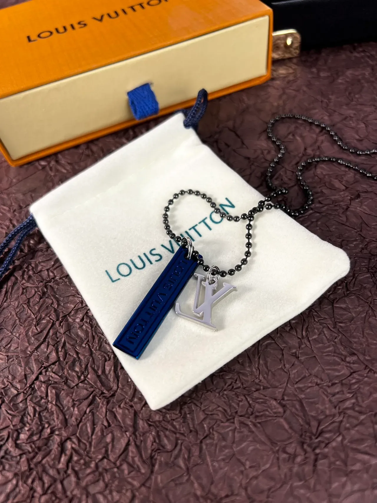 Louis Vuitton Black Blue Ball Chain Dual Pendant Necklace 4