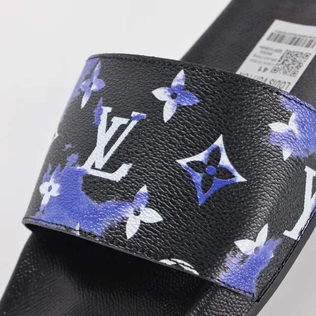 Louis Vuitton نعال أسود أزرق بحزام مطبوع بمونوغرام وقاعدة مطاطرة من المطاط 6