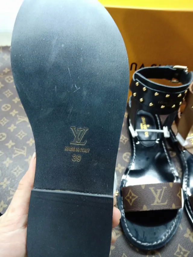 Louis Vuitton Black Brown Studded Ankle Cuff Monogrammed Footbed Strap Gladiator Sandals 3
