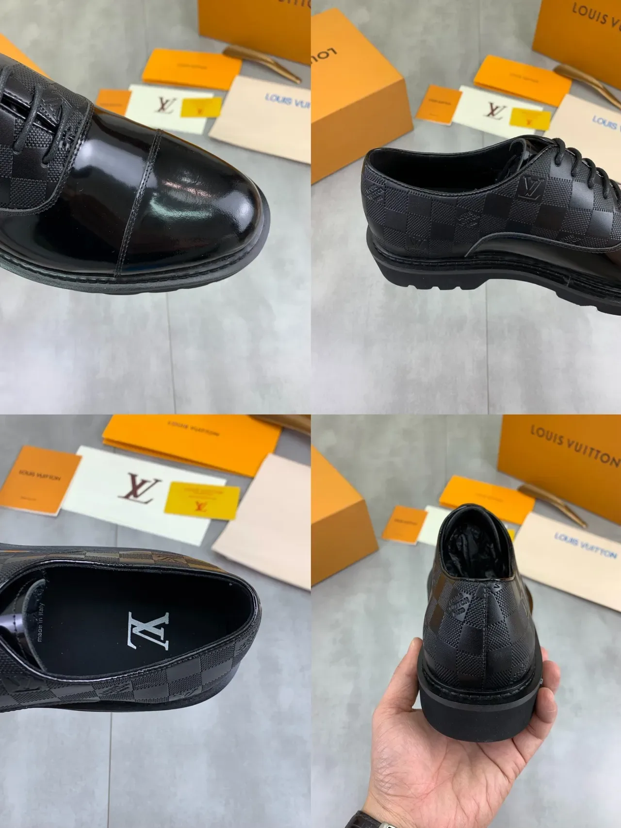 लुई विट्टोन काला Cap-Toe Checkerboard Damier Graphite चमड़ा ऑक्सफोर्ड जूते 2