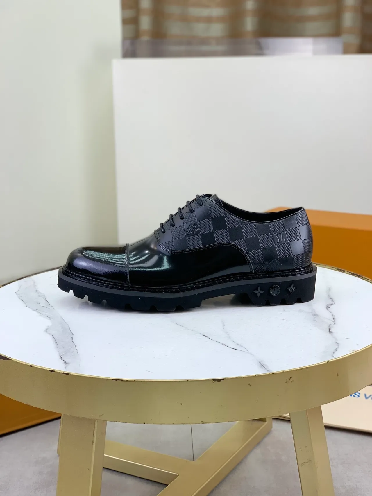 लुई विट्टोन काला Cap-Toe Checkerboard Damier Graphite चमड़ा ऑक्सफोर्ड जूते 5