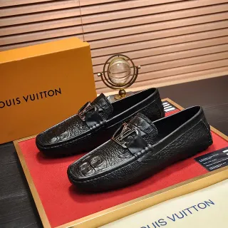 Louis Vuitton কালো সোনালী কুমির এমবসড চামড়া ধাতব LV বাকেল স্ট্র্যাপ লোফার