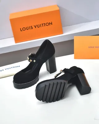Louis Vuitton Black Gold Suede Upper Chunky Platform Sole Mary Jane Shoes 4