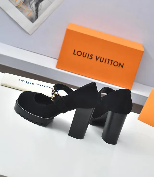Louis Vuitton Black Gold Suede Upper Chunky Platform Sole Mary Jane Shoes 7