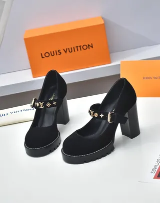 Louis Vuitton Black Gold Suede Upper Chunky Platform Sole Mary Jane Shoes 8