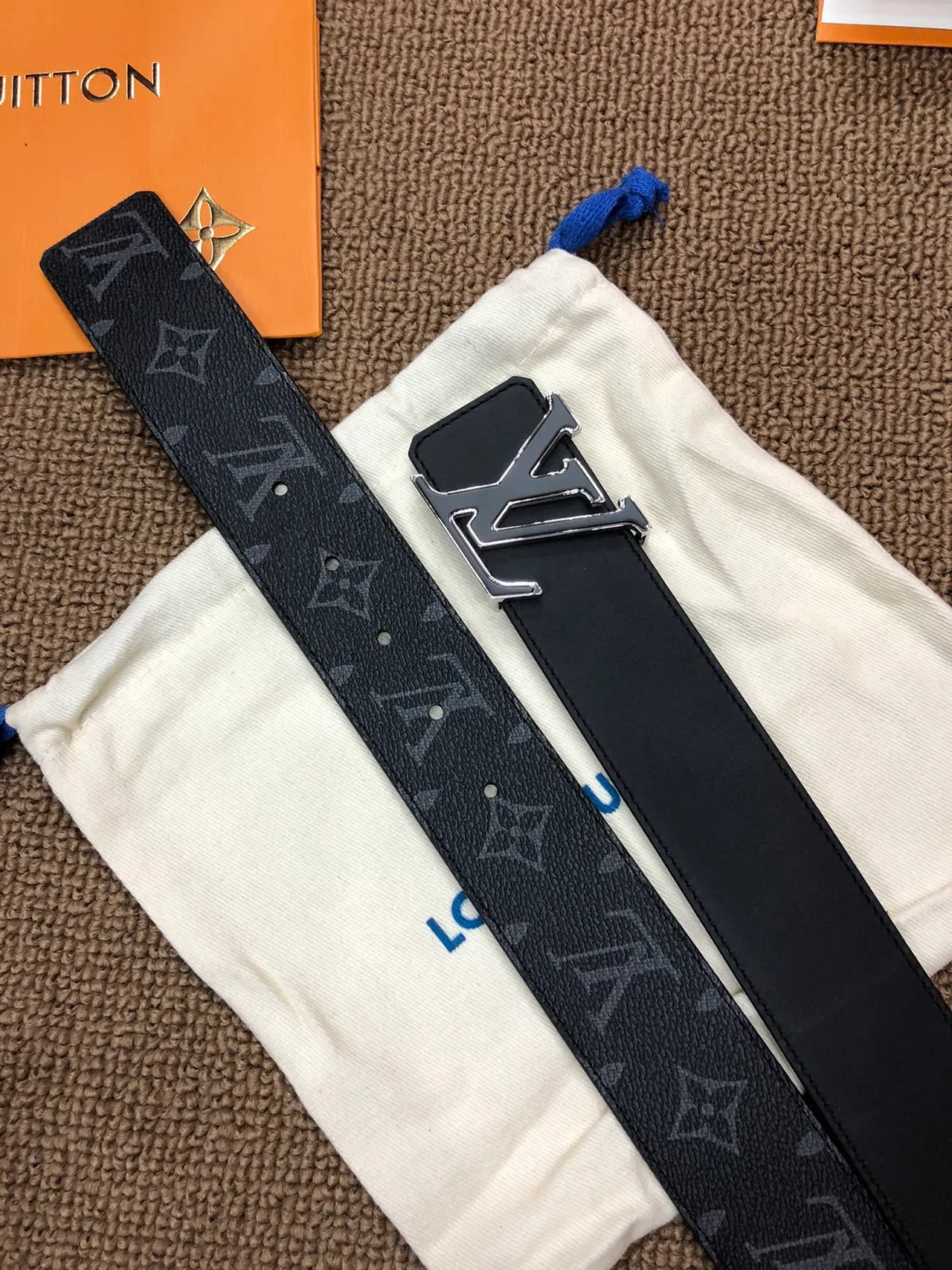 Louis Vuitton Black Silver Monogram-Coated Oversized Polished LV Buckle Leather Belt 6