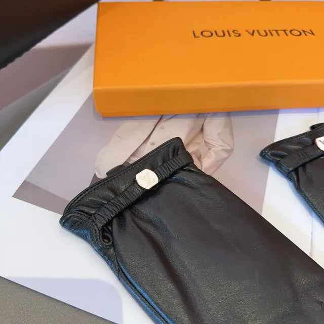 Louis Vuitton কালো সাদা মসৃণ লোচড়া কব্জি কাফ চামড়ার দস্তানা 5