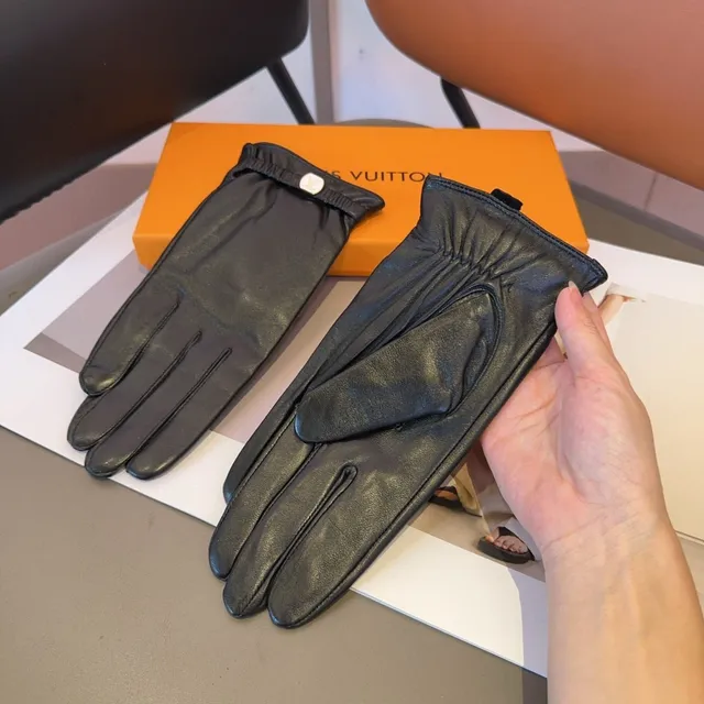 Louis Vuitton কালো সাদা মসৃণ লোচড়া কব্জি কাফ চামড়ার দস্তানা 6