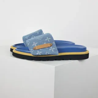 Louis Vuitton 蓝色黄色蒙图装饰牛仔带棕色皮革五金片拖鞋