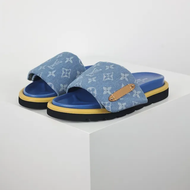Louis Vuitton Azul Amarelo Monogramado Denim Tirante Couro Marrom Ferragens Aba Chinelos 2