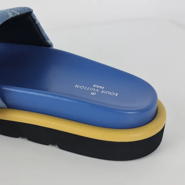 Louis Vuitton Azul Amarelo Monogramado Denim Tirante Couro Marrom Ferragens Aba Chinelos 4