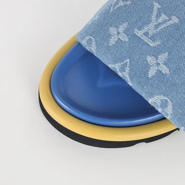 Louis Vuitton Azul Amarelo Monogramado Denim Tirante Couro Marrom Ferragens Aba Chinelos 5