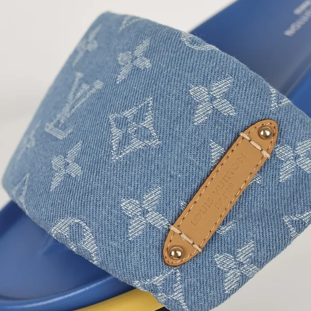 Louis Vuitton Azul Amarelo Monogramado Denim Tirante Couro Marrom Ferragens Aba Chinelos 6