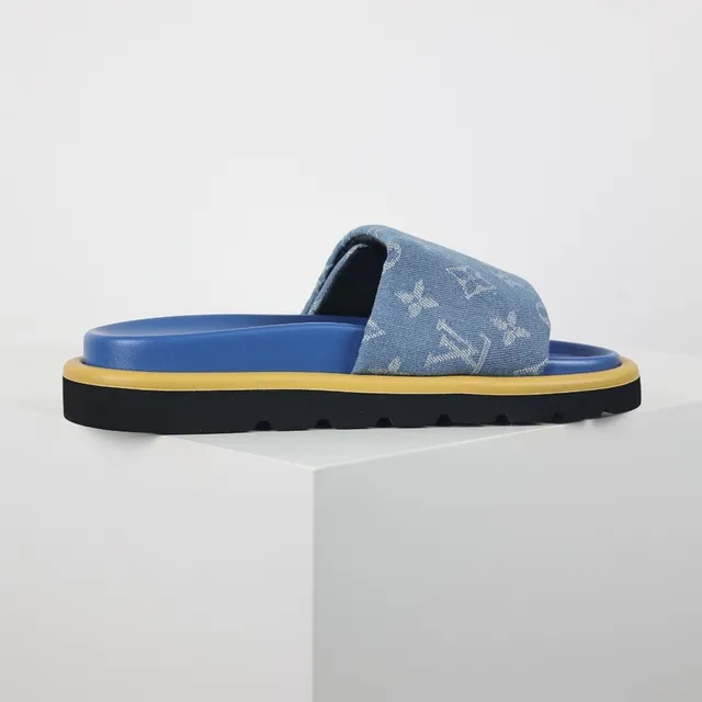 Louis Vuitton Azul Amarelo Monogramado Denim Tirante Couro Marrom Ferragens Aba Chinelos 7
