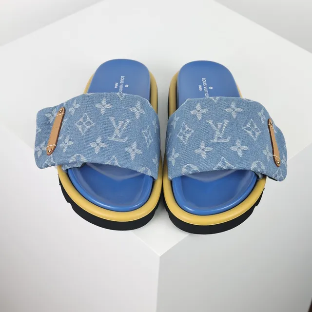 Louis Vuitton Azul Amarelo Monogramado Denim Tirante Couro Marrom Ferragens Aba Chinelos 8