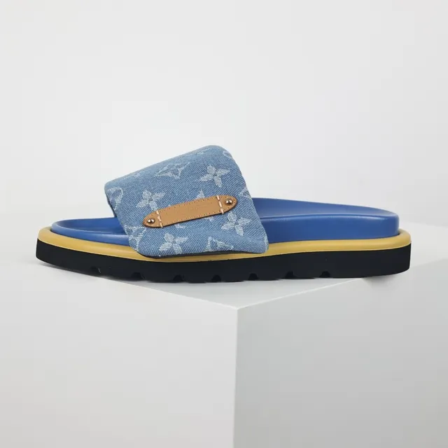 Louis Vuitton Azul Amarelo Monogramado Denim Tirante Couro Marrom Ferragens Aba Chinelos 9