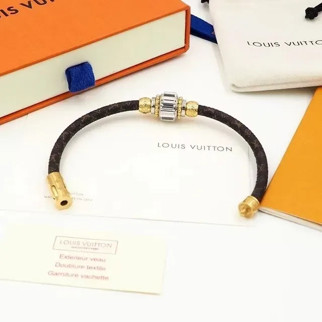 Louis Vuitton Braided Monogram Leather Gold-Tone Crystal Bracelet 6