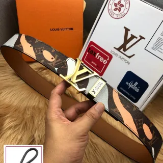 Louis Vuitton Brown Beige Monogram Canvas Abstract Wave Print Leather Belt