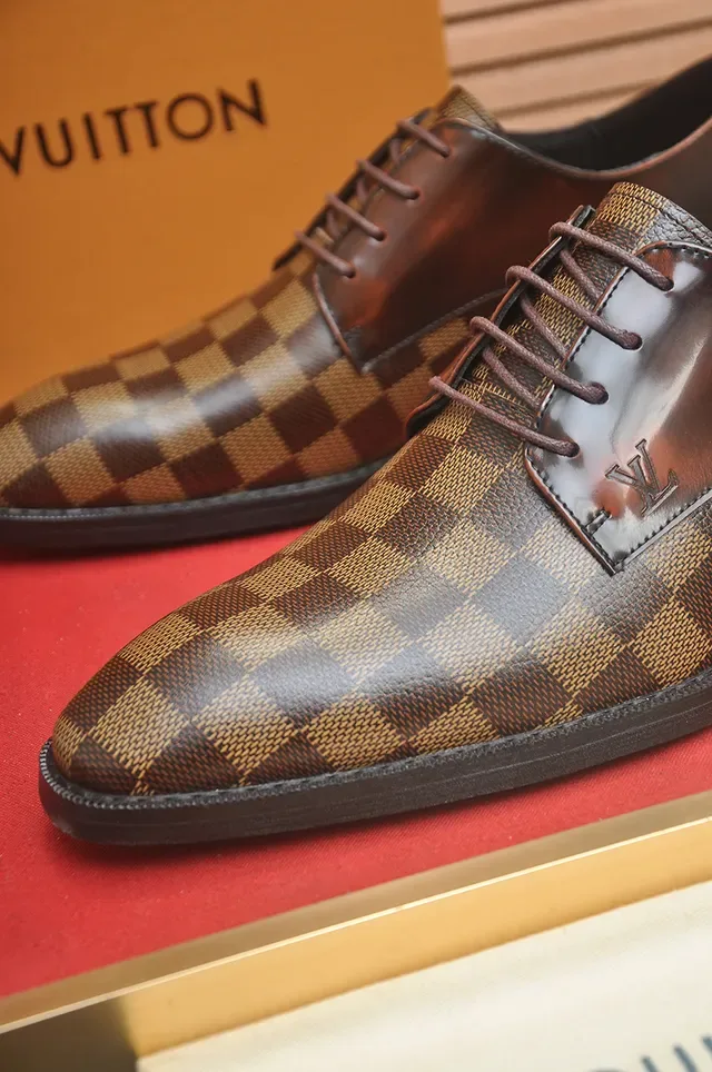 Louis Vuitton Sapatos Oxford Couro Polido Marrom Bege Damier Check Painéis Canvas 2