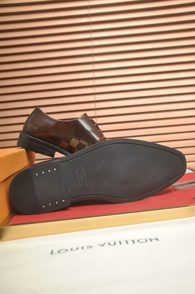 Louis Vuitton Sapatos Oxford Couro Polido Marrom Bege Damier Check Painéis Canvas 3