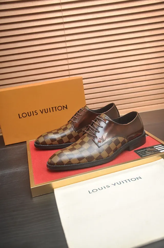 Louis Vuitton Sapatos Oxford Couro Polido Marrom Bege Damier Check Painéis Canvas 4