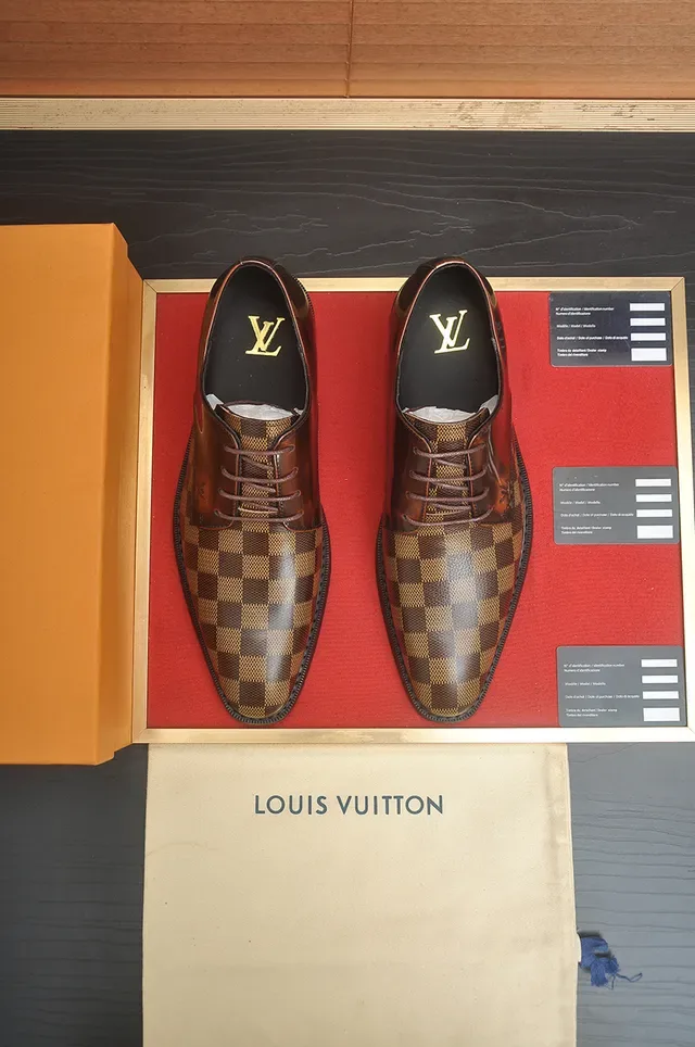 Louis Vuitton Sapatos Oxford Couro Polido Marrom Bege Damier Check Painéis Canvas 5