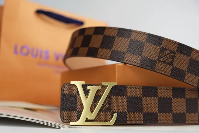 Louis Vuitton حزام جلد بني ذهبي Damier Ebène قماش مربعات LV Monogram مشبك 5