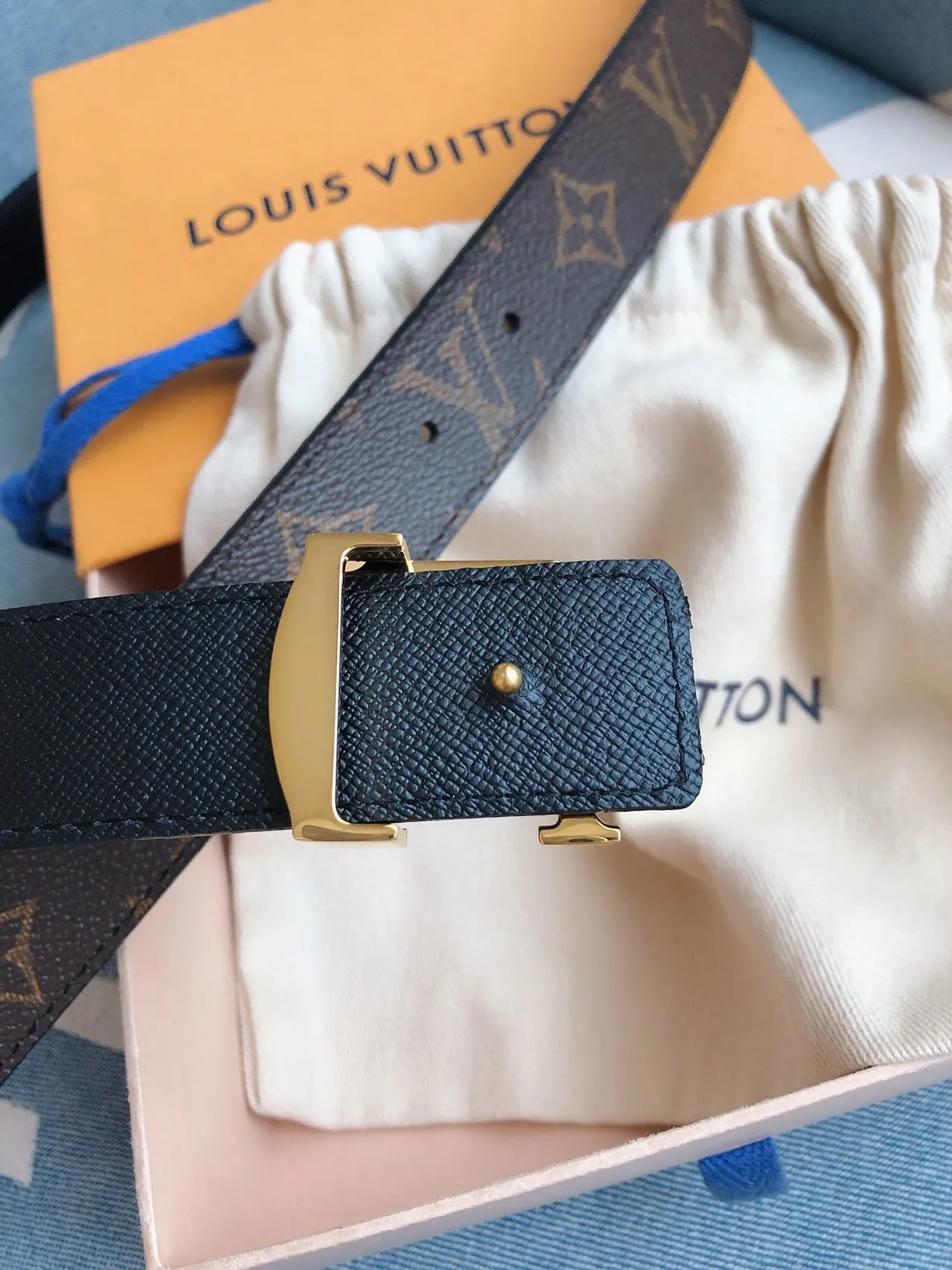 Louis Vuitton Brown Gold Monogram Canvas LV Buckle Leather Belt 2