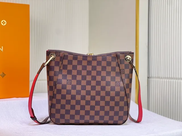 Louis Vuitton Marrom Vermelho Xadrez Lona Fechamento Duplo Zíper Superior Bolsa Hobo 2