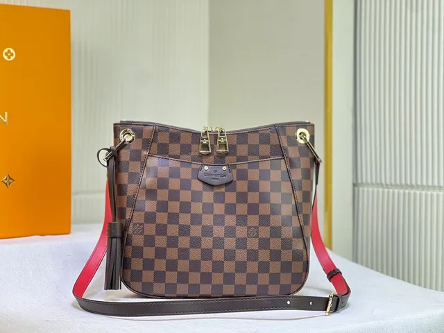 Louis Vuitton Marrom Vermelho Xadrez Lona Fechamento Duplo Zíper Superior Bolsa Hobo 5